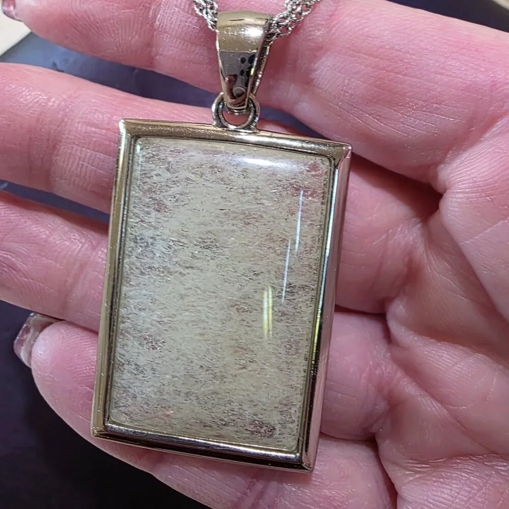 Vintage Transluscent Rectangle Silver Frame Triple Chain Necklace Near Mint